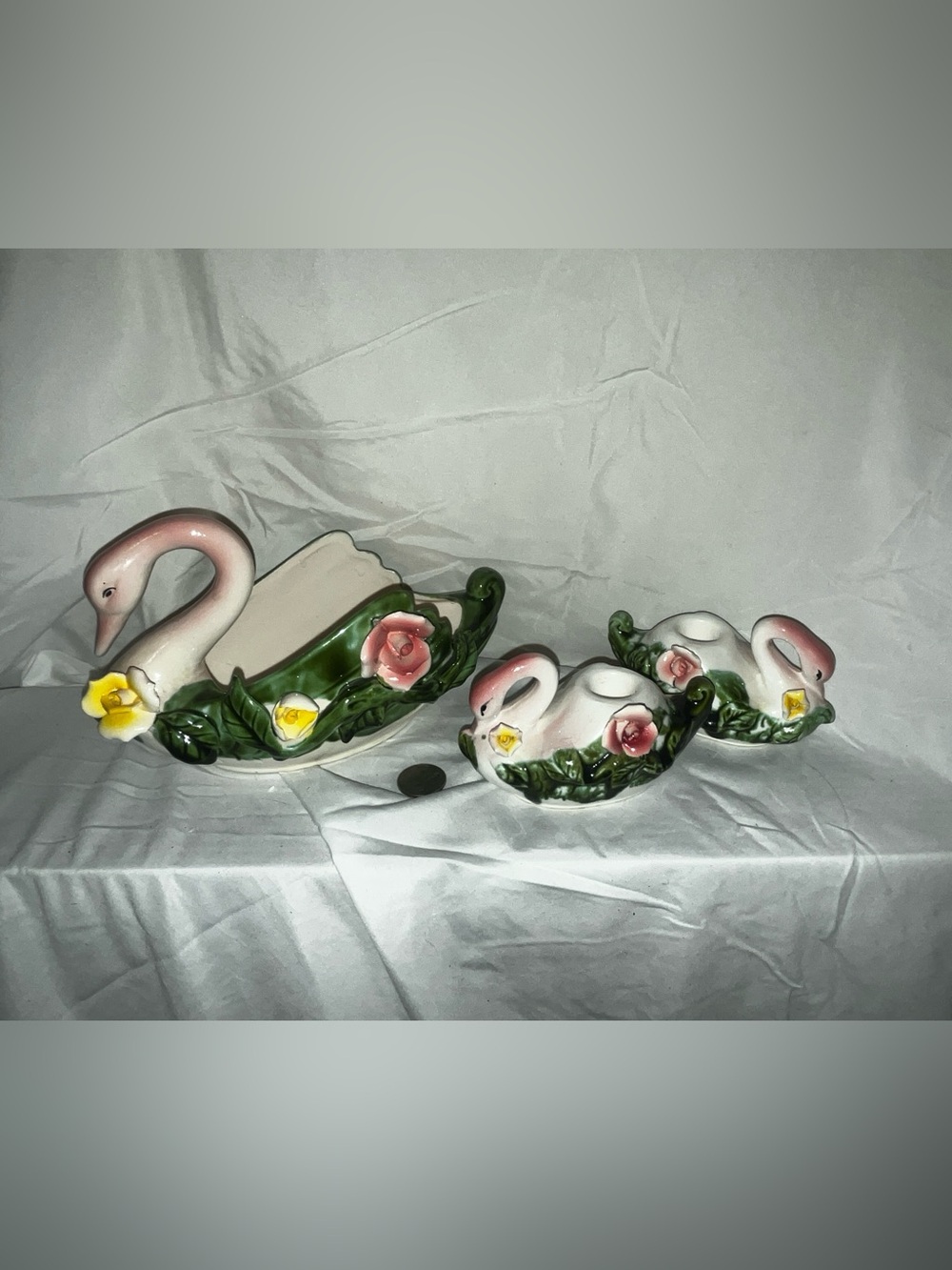 Porcelain Swan Candle Holders and Planter with Pink Rose Accents